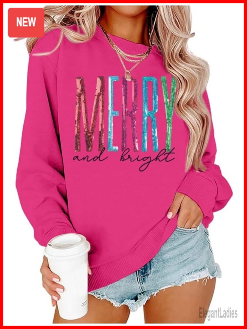 Sequin Merry Bright Sweatshirt Women Christmas Sweater